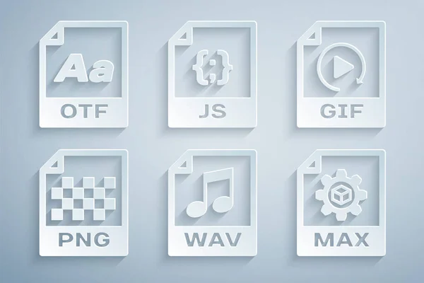 Definir documento de arquivo WAV, GIF, PNG, MAX, JS e OTF ícone. Vetor — Vetor de Stock