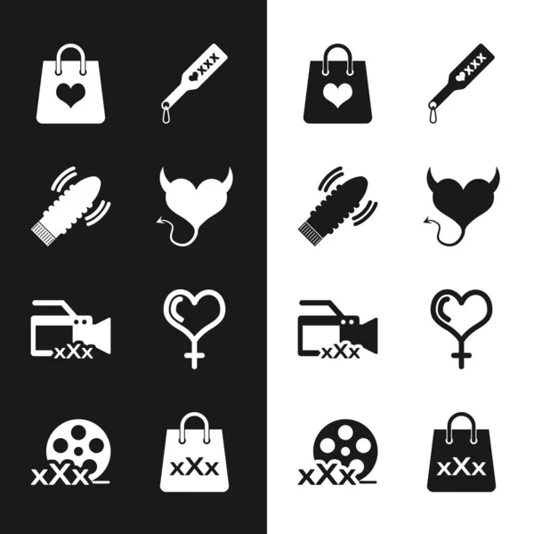 Set Devil heart with horns, Dildo vibrator for sex games, Shopping bag, Spanking paddle, Video camera Sex, Female gender and, triple X and Film reel icon. Vector — Stockvector