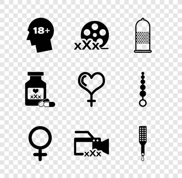 Set Head with 18 plus, Film reel Sex, Condom safe sex, Female gender symbol, Video camera, Spanking paddle, Bottle pills for potency and and heart icon. Vektor - Stok Vektor