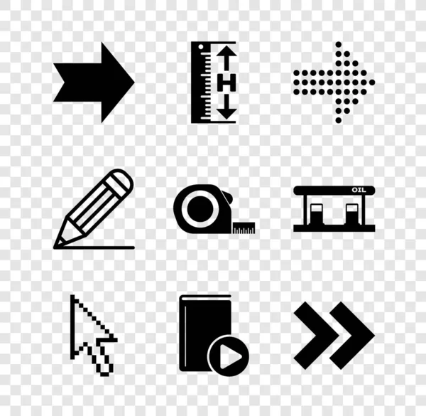 Set pijl, het meten van hoogte en lengte, stippen pijl, Pixel cursor, Audioboek, Potlood lijn en Roulette constructie pictogram. Vector — Stockvector