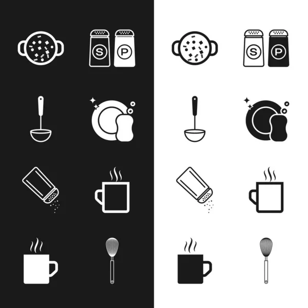 Geschirr, Kochlöffel, Suppenkanne, Salz und Pfeffer, Kaffeetasse, Schneebesen und Icon. Vektor — Stockvektor