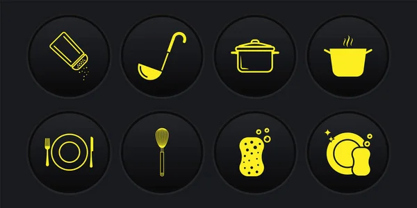 Bord, vork en mes, kookpot, keukengarde, spons met belletjes, lepel, afwas en peper icoon. Vector — Stockvector