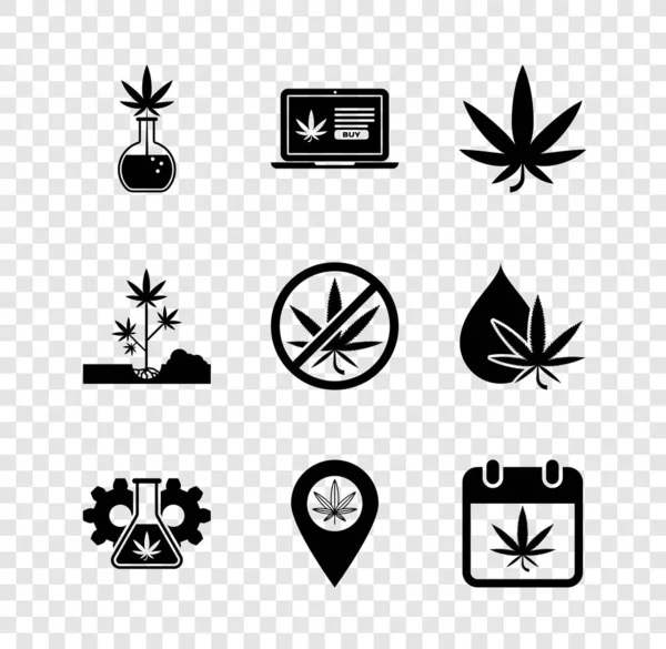 Test tüpünü marihuana, online satın alma, marihuana veya kenevir yaprağı, konum ve takvim, ekme ve durma ikonu ile ayarla. Vektör — Stok Vektör