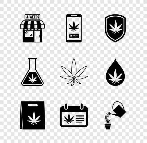 Állítsa be a marihuána és cannabis áruház, Online vásárlás marihuána, Shield, Bevásárlótáska, Naptár, Öntözés, Teszt cső és levél ikon. Vektor — Stock Vector