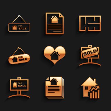 House 'u kalp şeklinde, sözleşmeli, yükselen konut maliyeti, satılık asma tabelası, plan ve ikona göre ayarla. Vektör