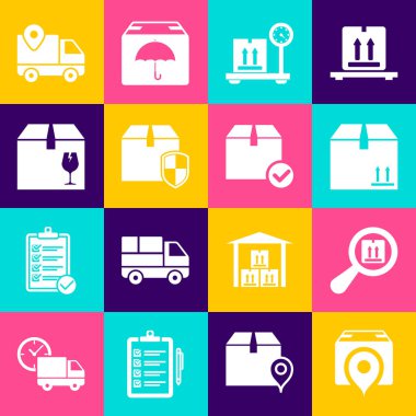 Konumu karton kutu, arama paketi, karton trafik, ölçek, teslimat güvenlik kalkanı, kırılgan içerik, izleme ve paket işaretleme simgesi ile ayarla. Vektör