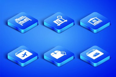 Kargo gemisini kutular, depo, konum kartonu, uçak ve ölçek ve simge ile ayarlayın. Vektör