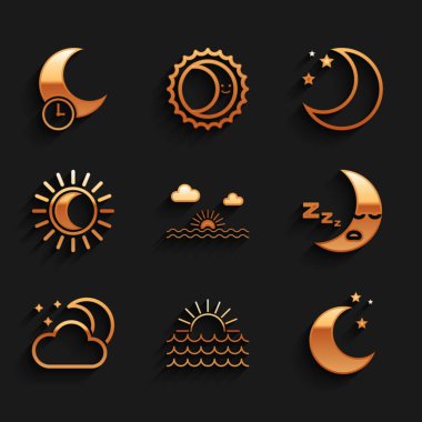 Batan Günbatımı, Ay ve yıldızlar, ikon, Aylı Bulut, Güneş tutulması ve uyuyan ikon. Vektör