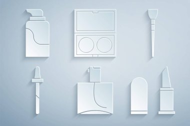 Parfüm, makyaj fırçası, Pipette, ruj, aynalı pudra ve krem kozmetik tüp ikonu. Vektör