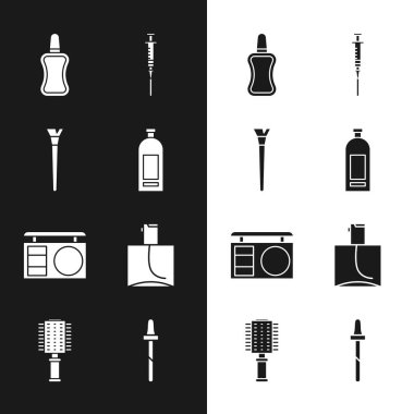 Şampuan, makyaj fırçası, tırnak cilası şişesi, şırınga, göz farı paleti, parfüm, Pipette ve saç fırçası ikonu. Vektör
