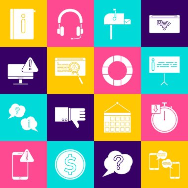 Sohbet mesajlarını mobil, Stopwatch, Information, Open posta kutusu, System bug konsepti, ünlem işareti, kullanıcı kılavuzu ve Lifebuoy simgesi ile ayarla. Vektör
