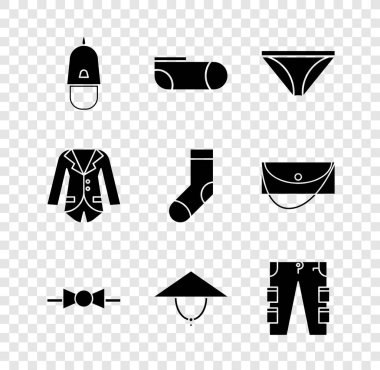 Polis şapkası, papağan, spor çorapları, erkek iç çamaşırı, papyon, Asya konik şapkası, kargo, Blazer ceket ve çorap ikonu. Vektör
