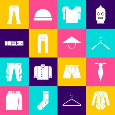 Blazer veya ceket, kravat, elbise askısı, uzun kollu gömlek, pantolon, deri kemer ve Asya konik şapka ikonu. Vektör