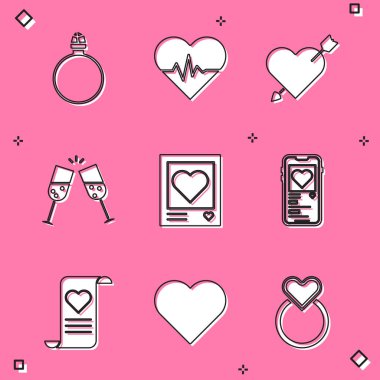 Elmas nişan yüzüğü, kalp atış hızı, kalp ve oklu Amour, şampanya kadehi, fotoğraf çerçeveli kalpler, Mobile, Envelope Valentine ve ikon. Vektör