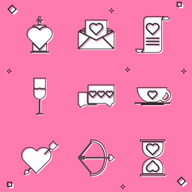 Aşk iksiri şişesi, Zarf Sevgililer Günü kalbi, şarap bardağı, kahve fincanı, Amour oku ve Bow ikonu. Vektör