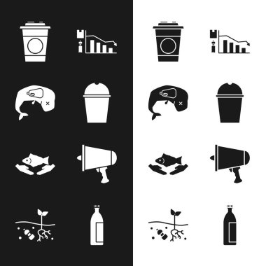 Kağıt cam su, çevre koruma balinası öldü, ekoloji bilgisi, balık bakımı, haberi yay, megafon, losyon kozmetik tüpü ve kirlilik gezegeni ikonu sorunu. Vektör