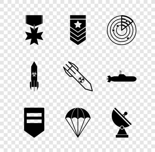 Set Military reward medal, Chevron, Radar with targets, Parachute, Biohazard rocket and Nuclear icon. Vector — Stock Vector