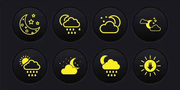 Wolkenuntergang mit Regen und Sonne, Mondsternen, Sonnenuntergang und Mondsymbol. Vektor — Stockvektor