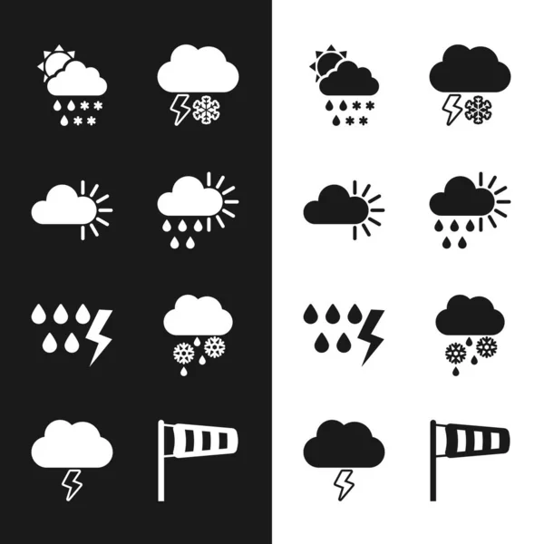 Set Cloudy with rain and sun, snow, rain,, lightning, Storm, Cone meteorology windsock wind vane and icon. Vector — Stock Vector