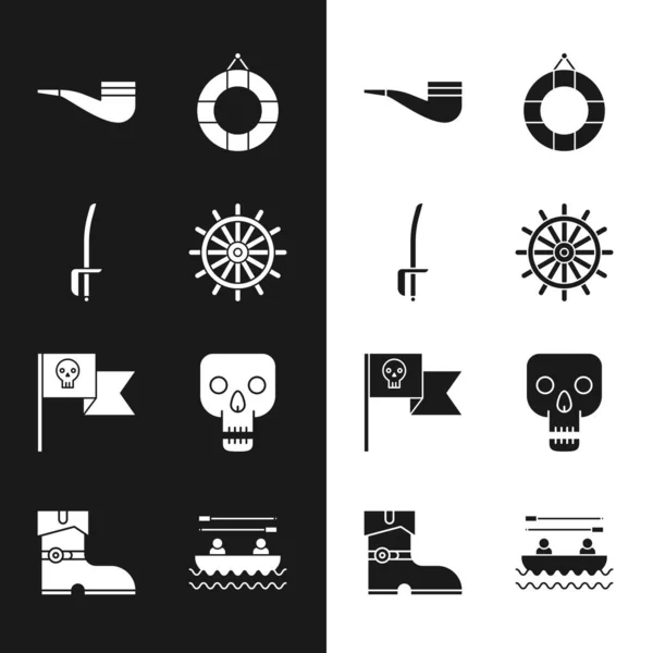 Набор Корабль руль, пиратский меч, курительная труба, Lifebuoy, флаг с черепом, череп, Лодка весла и кожаные пиратские сапоги значок. Вектор — стоковый вектор