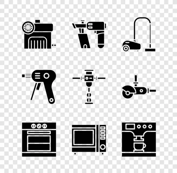 Set Luchtcompressor, Nagelpistool, Stofzuiger, Oven, Magnetron en Koffiezetapparaat en bekerpictogram. Vector — Stockvector