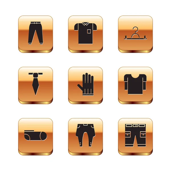 Set pantalons de sport, chaussettes, pantalons, gant en cuir, cravate, penderie cintre, court et icône de polo. Vecteur — Image vectorielle