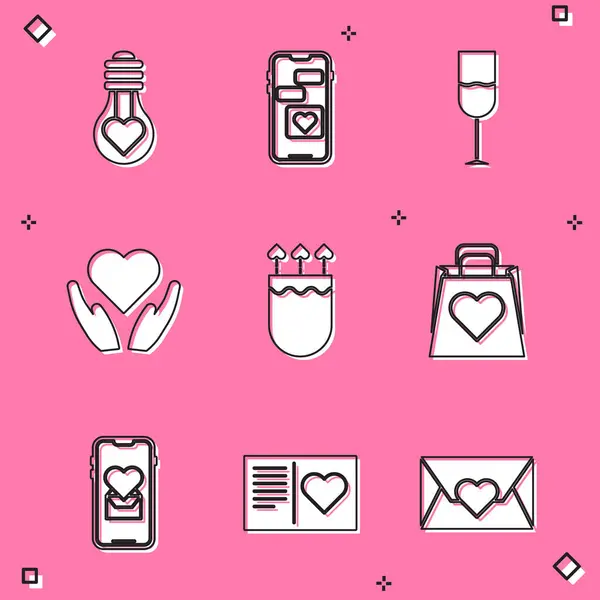 Kalp şeklini ampul, cep telefonu, şarap kadehi, el, Quiver okları, alışveriş çantası ve Sevgililer Günü broşürü şeklinde ayarla. Vektör — Stok Vektör