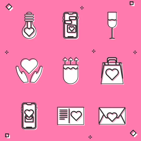 Set Coeur en forme d'ampoule, Mobile avec coeur, Verre à vin, main, Flèches de carquois, Sac à provisions et icône de flyer Saint-Valentin. Vecteur — Image vectorielle