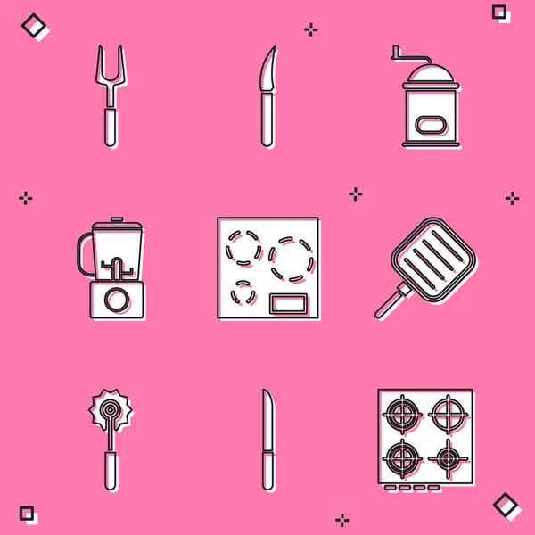 Set Barbecue fork, Knife, Manual coffee grinder, Blender, Electric stove, Frying pan, Pizza knife and icon. Vector — Stock Vector