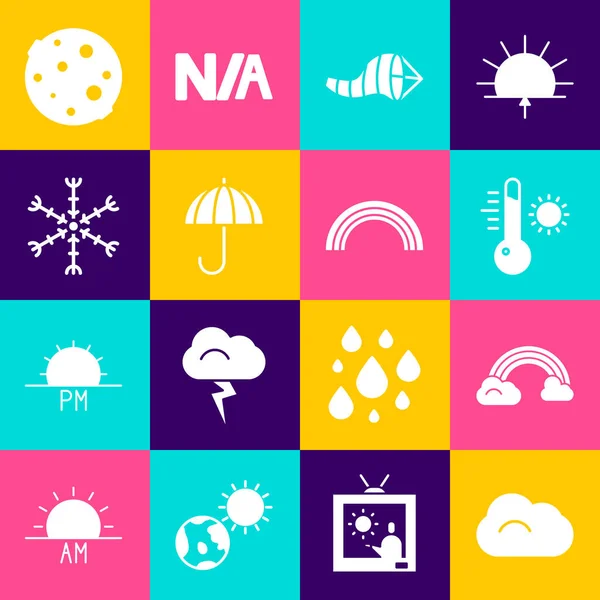 集云彩、云彩彩虹、气象学温度计、锥形气象风箱、雨伞、雪花、月亮和图标于一体。B.病媒 — 图库矢量图片