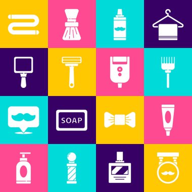 Berber dükkanı, krem ya da losyon kozmetik tüpü, saç fırçası, tıraş jeli köpüğü, jilet, jilet, el aynası, havlu ve elektrik bıçağını erkek ikonu için ayarla. Vektör