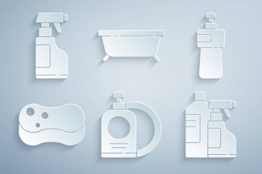 Bulaşık deterjanı, tabak, sünger, temizlik malzemesi için şişe, küvet ve deterjan ikonu hazırla. Vektör