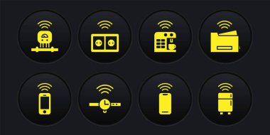 Kablosuz akıllı telefonu, akıllı yazıcıyı, akıllı yazıcıyı, kahve makinesini, elektrik prizini, buzdolabını ve sensör simgesini ayarla. Vektör