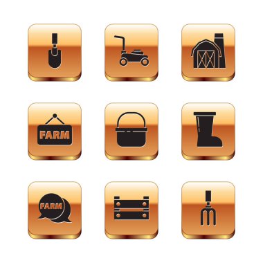 Bahçe küreği ya da küreği, Farm 'lı konuşma balonu, tahta kutu, sepet, işaret tahtası yazısı, ev, tırmık ve çim biçme makinesi ikonu. Vektör
