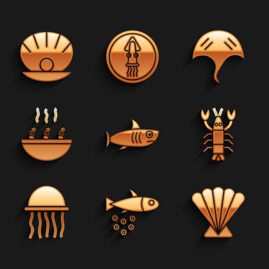 Köpekbalığı, havyarlı balık, deniz tarağı, ıstakoz, denizanası, karides çorbası, vatoz ve deniz kabuğu ikonu. Vektör