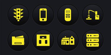 Yazıcı, robot kol fabrikası, banyo terazisi, ev, uzaktan kumanda, akıllı telefon, sunucu, veri, web sunucusu ve trafik ışığı ikonu. Vektör