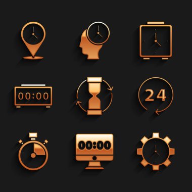 Eski kum saatini, saati monitöre ayarla, Zaman Yönetimi, 24 saat, Stopwatch, Dijital çalar saat, Alarm ve ikonlu konum. Vektör