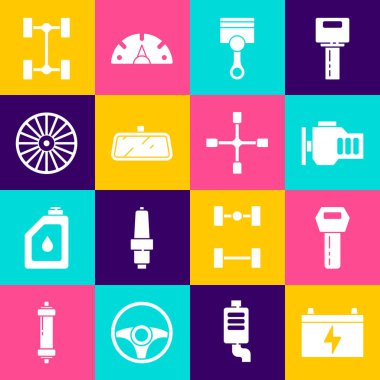 Araba aküsünü ayarlayın, uzaktan kumandalı anahtar, motoru kontrol edin, piston, ayna, alloy tekerlek, Chassis araba ve tekerlek anahtarı simgesi. Vektör