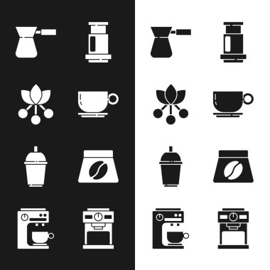 Kahve fincanı, fasulye, dal, Türk, uçak kahvesi, paket fasülye, makine ve ikon. Vektör