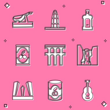 İspanyol jamonu, Agbar Kulesi, Orujo, Zeytin Kutusu, Segovia Aqueduct, Algar Şelalesi, Avrupa Kapısı ve ikonu ayarlayın. Vektör