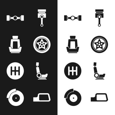 Araba tekerleğini, koltuğu, Chassis arabasını, motor pistonunu, vites kolunu, ayna ve fren diskini kalibre simgesiyle ayarla. Vektör