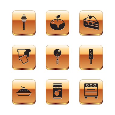 Honey Dipper çubuğu, ev yapımı turta, reçel kavanozu, lolipop, ekmek tostu, bir parça kek, karamel ikonunda fırın ve elma. Vektör