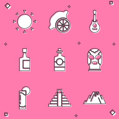 Set Sun, Lemon, Meksika gitarı, tekila şişesi, güreşçi, limonlu bardak ve Maya ikonunda Chichen Itza. Vektör