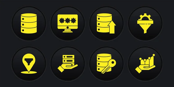 Set Locatie met sales trechter, Sales gear, Server, Data, Web Hosting, security key, Monitor wachtwoord, Taartdiagram infographic en pictogram. Vector — Stockvector