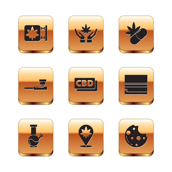 Set marihuana en cannabis winkel, Glas bong voor het roken van marihuana, Locatie, Cannabis molecuul, Rookpijp, Medische pillen met, Koekjes en blad pictogram. Vector — Stockvector