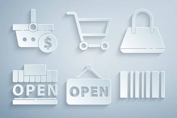 Set Hanging sign with Open, Handbag, Shopping building open, Barcode, cart and basket dollar icon. Vector