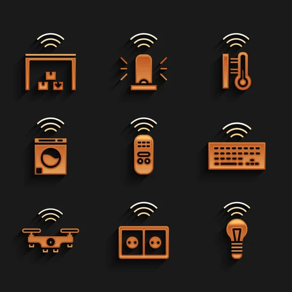 Set Control remoto inteligente, toma de corriente eléctrica, bombilla, teclado inalámbrico, dron, lavadora, termómetro e icono de almacén. Vector — Vector de stock