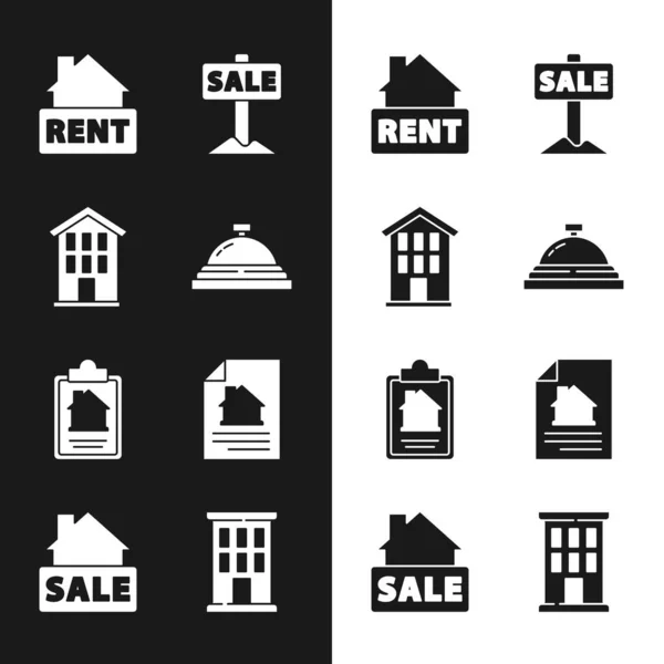 Set Hotel service bell, House, Hanging sign with Rent, Sale, contract, and icon. Vector — Stock Vector