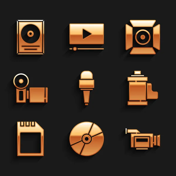 Set Microphone, CD or DVD disk, Cinema camera, Camera film roll cartridge, SD card, Movie spotlight and award frame icon. Vector — Stock Vector