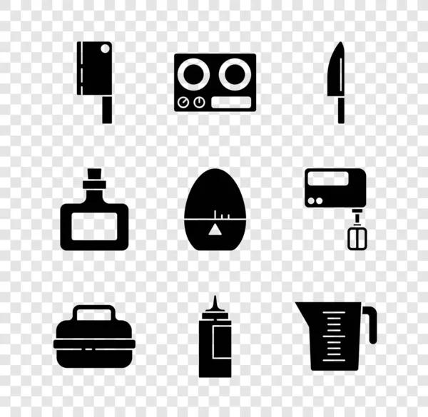 Set Meat chopper, gasfornuis, mes, kookpot, saus fles, maatbeker, en keuken timer pictogram. Vector — Stockvector